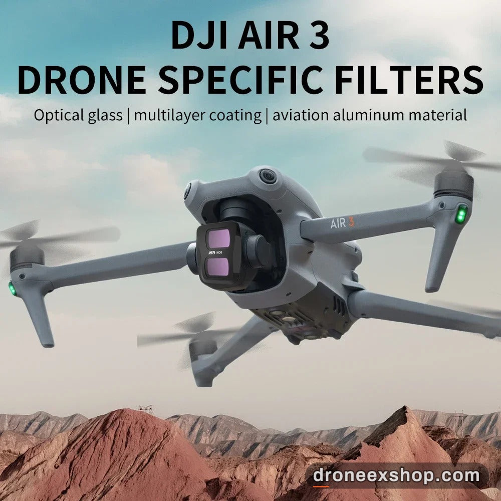 DJI Air 3 drone with the ND8/PL camera lens filter fitted, in flight