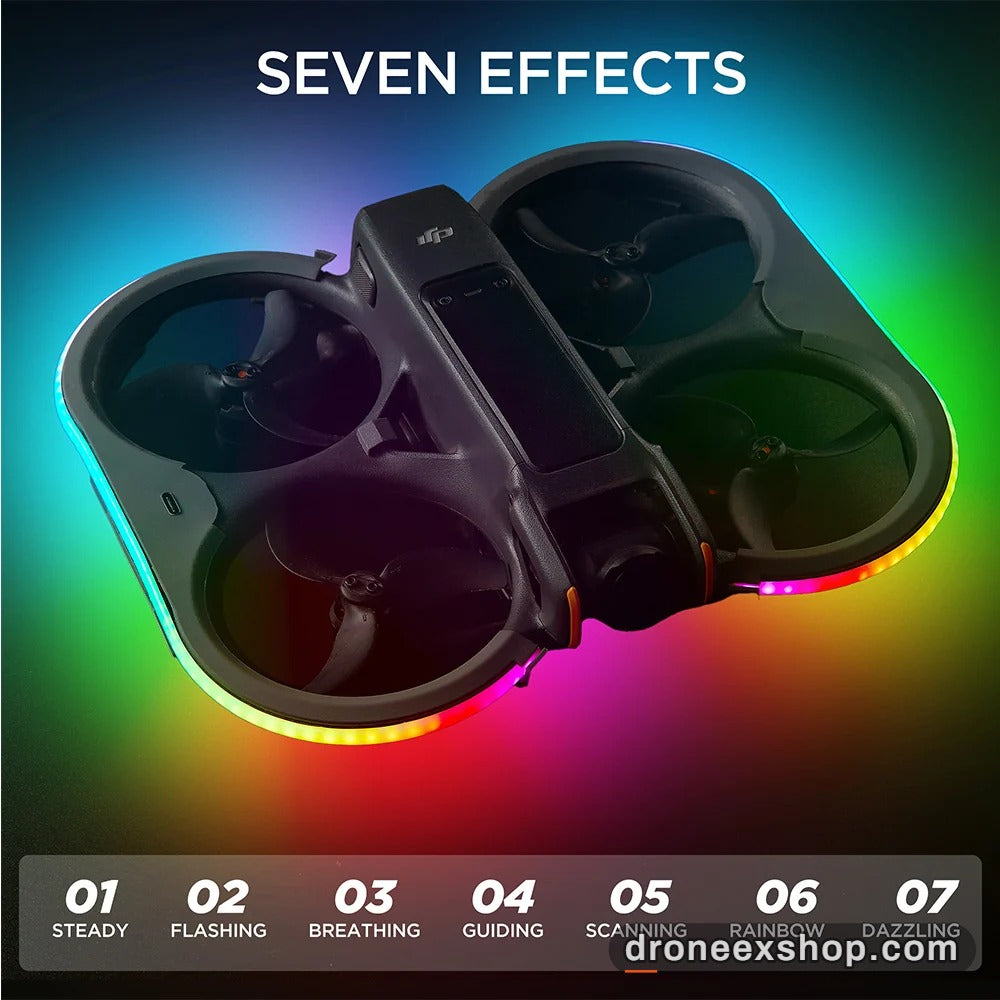 DJI Avata 2 with VIFLY LED guards glowing in seven lighting effects