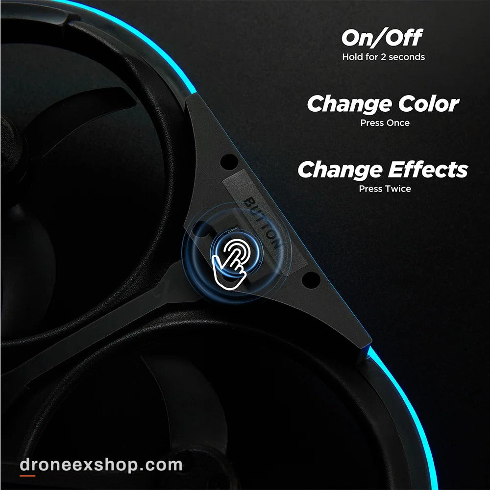 VIFLY LED guards power button: hold 2 seconds to switch on, press once to change colour, twice to change effects