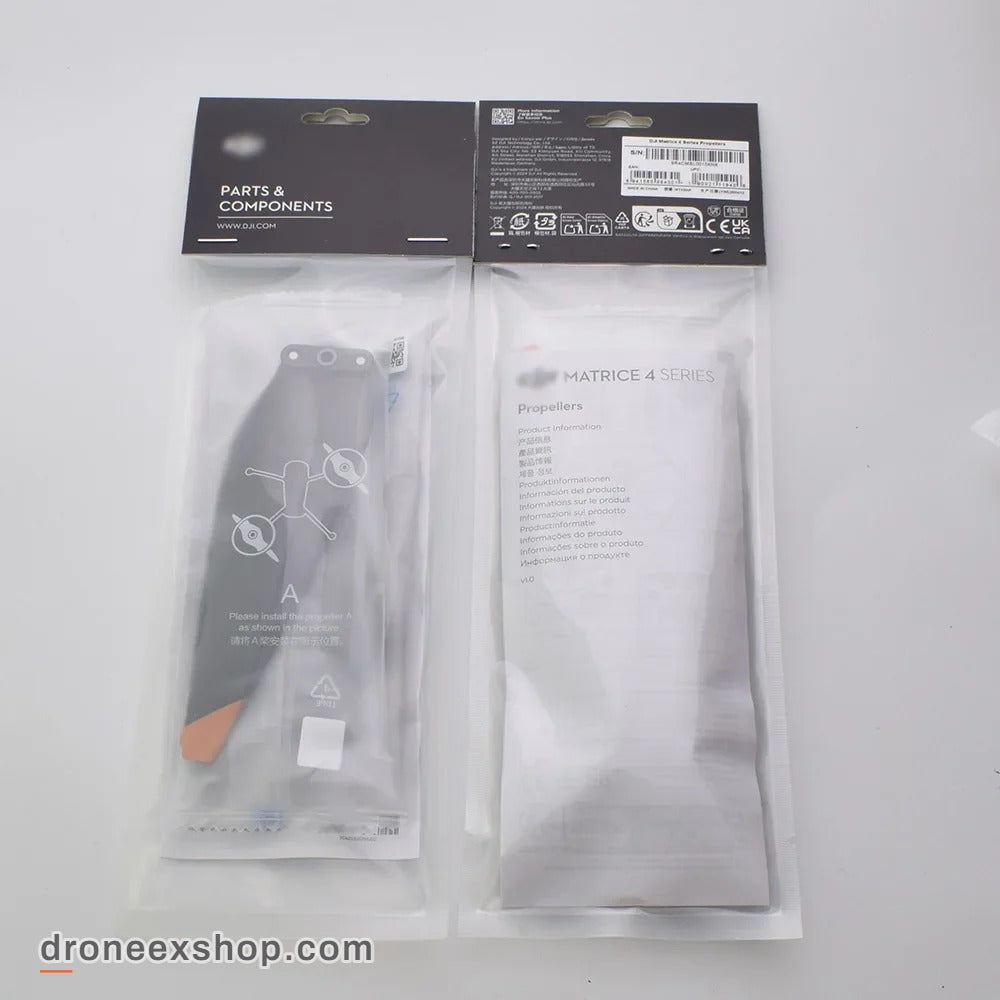 DJI Matrice 4 Series propellers, front and back of the original DJI packaging
