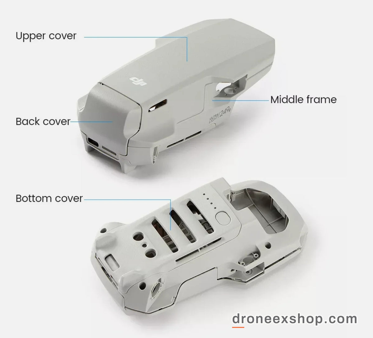 DJI Mini 2 body shell parts named: upper cover, middle frame, back cover, bottom cover