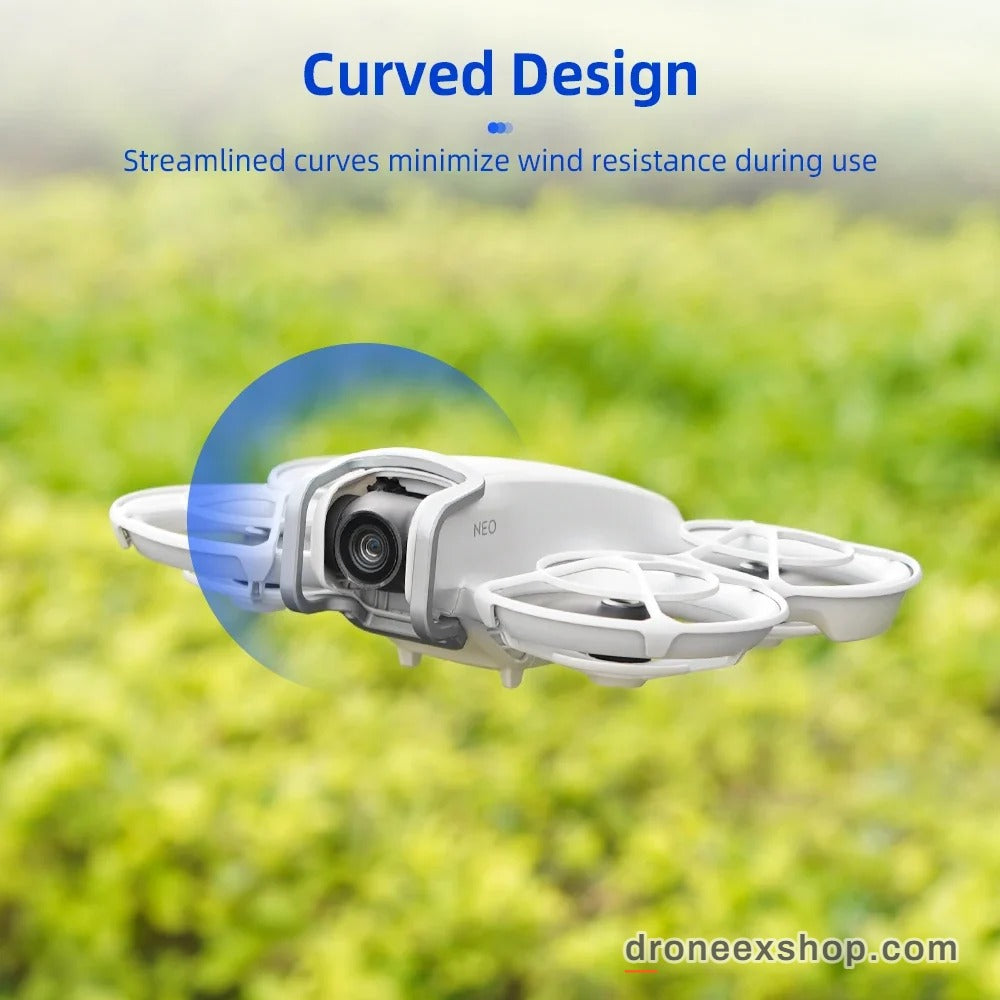 DJI Neo flying with the gimbal bumper fitted, curved low-drag design
