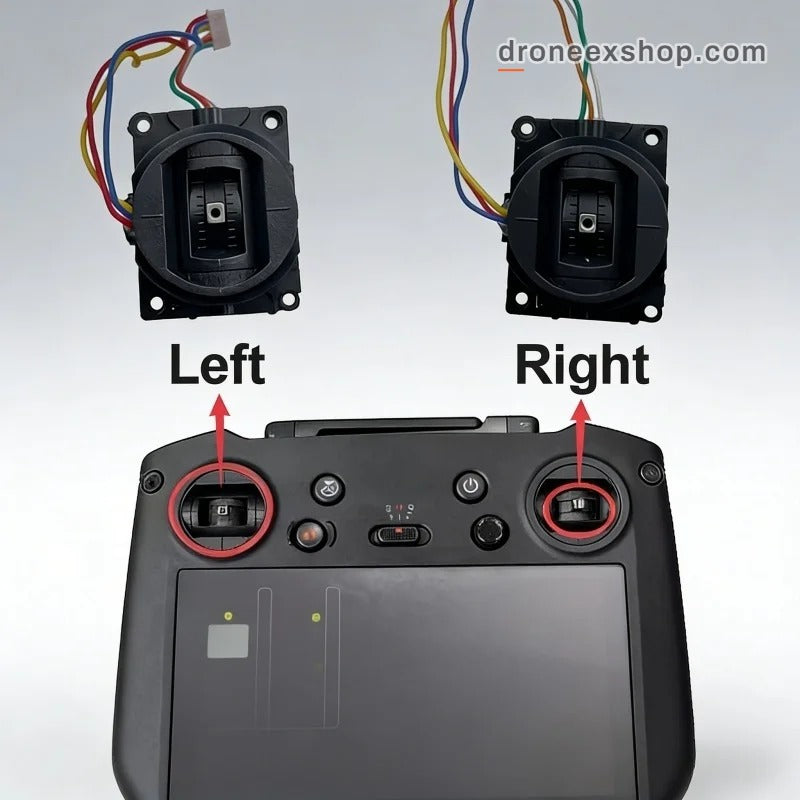 DJI RC Pro controller with the left and right joystick modules marked